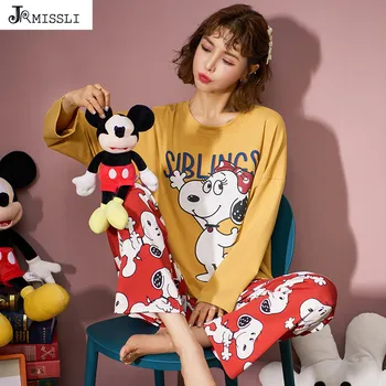 

JRMISSLI Women's Cotton Pajamas CartoonTrousers Long Sleeve Pyjamas Women Clothing Spring Autumn 2020 Sleepwear Set Pijama Mujer
