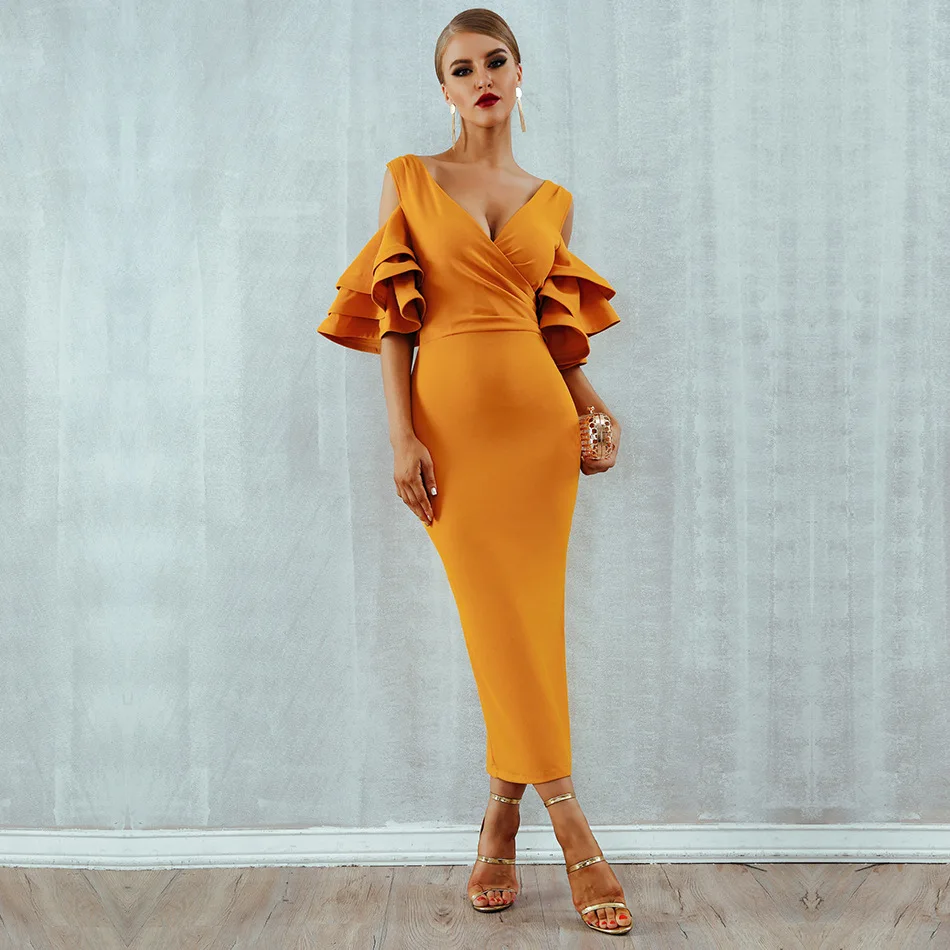 

V Neck Half Sleeves Evening Dresses Orange Red robe de soiree Formal Lady Evening Gown In Stock vestidos de fiesta de noche