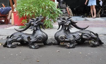 

christmas 22"Old China Bronze Guardian Phylactery Dragon Beast Pixiu Chi-lin Unicorn Pair new Year