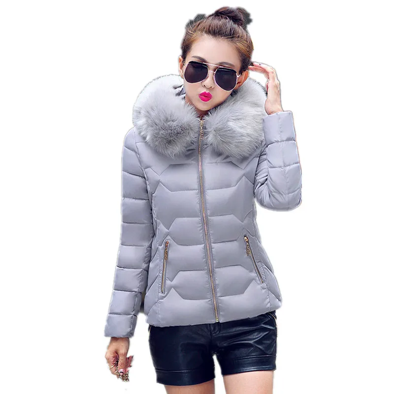 

Women's Winter Jacket Short Down Jacket Slim Hooded Coat With Fur Female Thick Warm Cotton Padded Snow Wear Parka Pink White