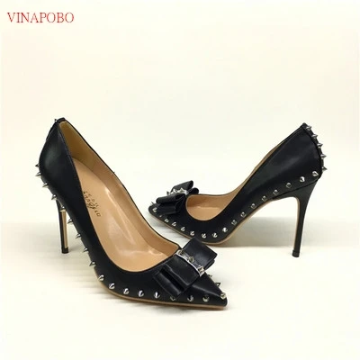 black rivet bow-knot high heels patent PU leather high heel women's shoes 10cm 12cm wedding shoes woman Party shoes bridal shoe