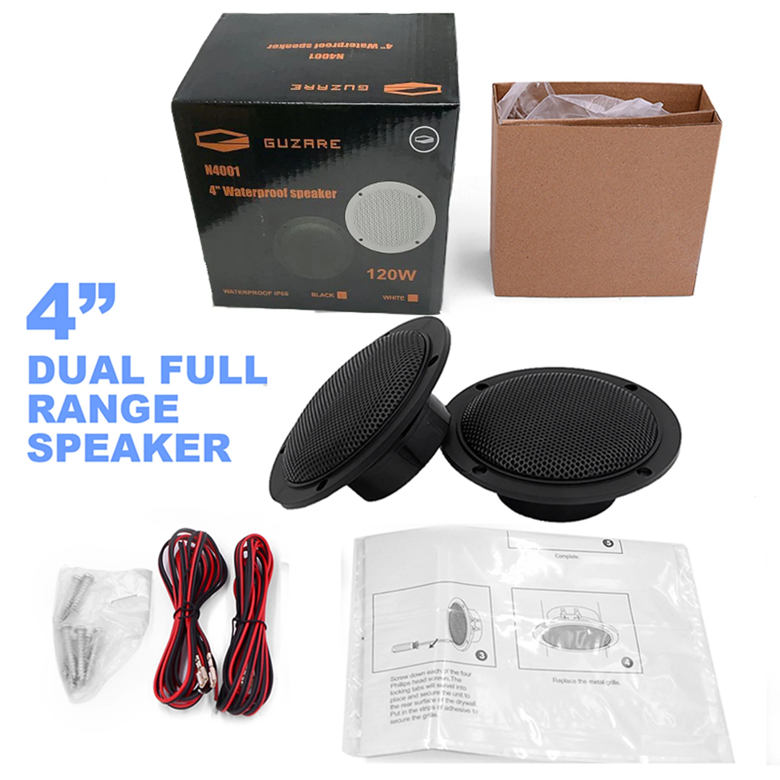 4 inch 120Watts Waterproof Marine Speakers Black For UV-Proof ATV UTV Golf Cart Motorcycle Boat SPA Pool Outdoor Music Speakers
