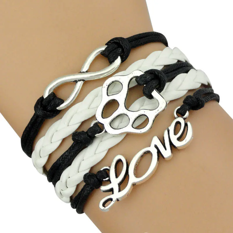 

Dogs Paw Print Charm Bracelets Infinity Love Leather Wrap Braid Doggie Dog Person Lover Paw Print Dog Mom Bracelets