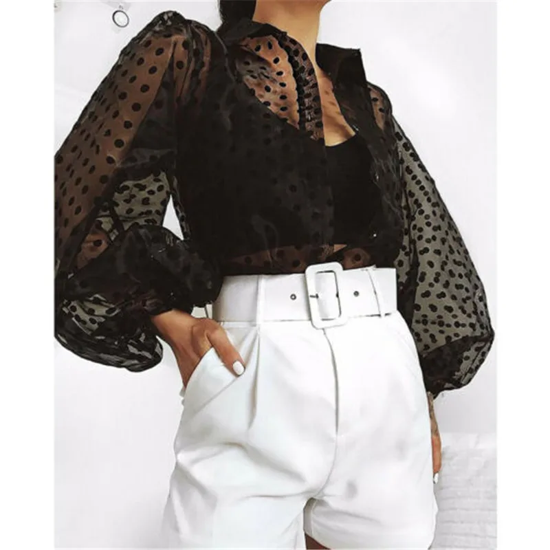 Прозрачные женские кружевные сетчатые Однотонные блузки с длинными рукавами-фонариками в горошек Модные женские рубашки с отложным воротником - Цвет: Черный