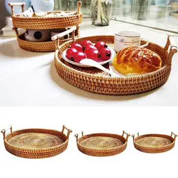 

Creative Pastoral Vintage Hand-Made Fruit Tray Straw Basket Room Living Debris Storage Tray Fruit Multi-Function Home Stora B4A5