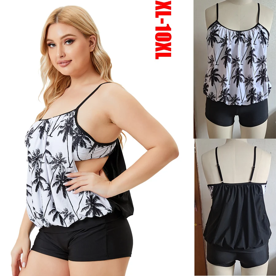 

2023 New Plus Size 8XL 10XL Women's Tankini Print Swimsuits with Shorts High Waist Swimwear Female Bathing Suit Beach