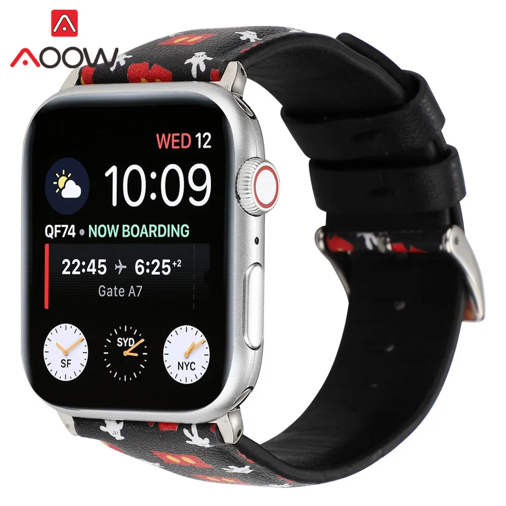 Мультфильм кожаный ремешок для наручных часов Apple Watch 38 мм, 42 мм, 40 мм 44 Микки рисунок «Hello Kitty», сменный ремешок для наручных часов, ремешок
