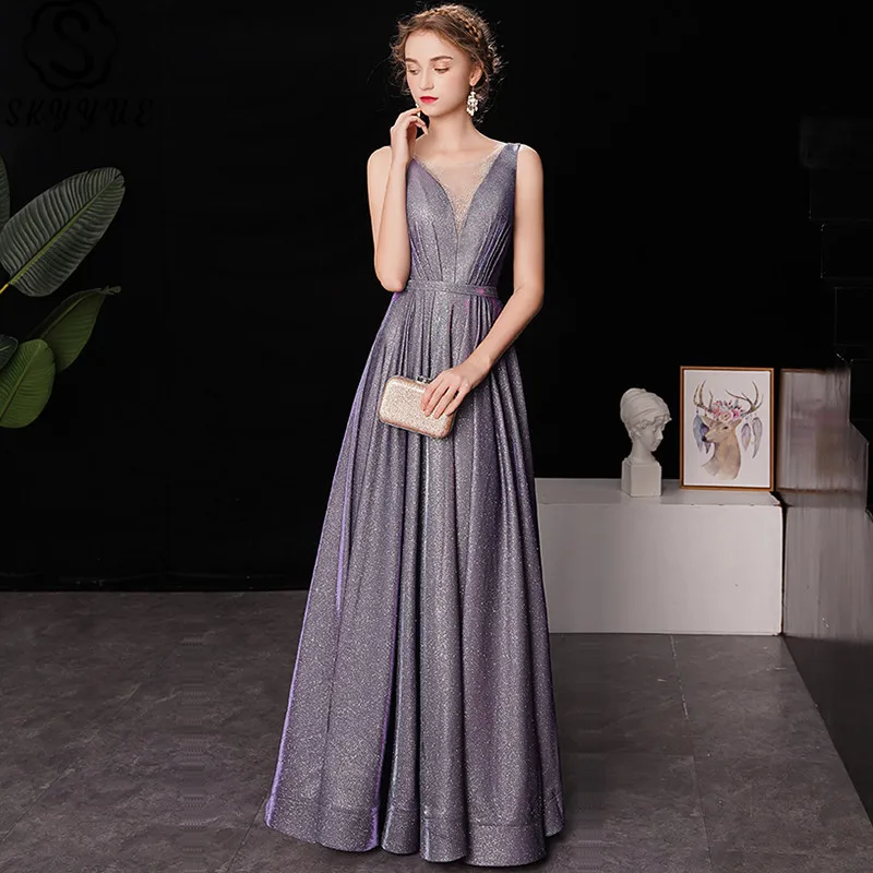 

Skyyue Evening Gown Crystal O-Neck Sleeveless Robe De Soiree Tank Draped A-Line Plus Size Floor-Length Women Party Dresses E034