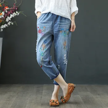 

Lolita Style Plus Size Ripped Jeans for Women Girls 2020 Spring Summer High Waist Cotton Denim Pants Female Embroidery with Hole