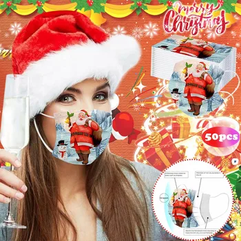 

50 Pcs Disposable Face Mask Christmas Print Non-Woven 3 Layer Face Masks For Germ Protection For Adults Mascarillas Flag Bandana