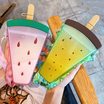 

Cute Fruit Ice Cream Water Bottle With Straw Creative Square Plastic Water Bottle BPA Free Anti Fall Cup With Strap For Girls