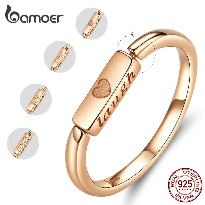 Bamoer перстень для женщин, настоящее 925 пробы Серебряное кольцо с надписью "живой Смех", кольца для смелости, дизайн SCR587