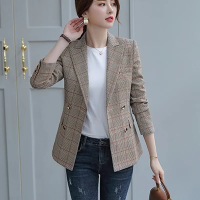 Apricot Plaid Blazer Для женщин однобортный однотонный Блейзер Женский пальто трех до двенадцати лет Модные Пиджаки Верхняя одежда высокого качества, куртки, 5XL - Цвет: Apricot Plaid Blazer