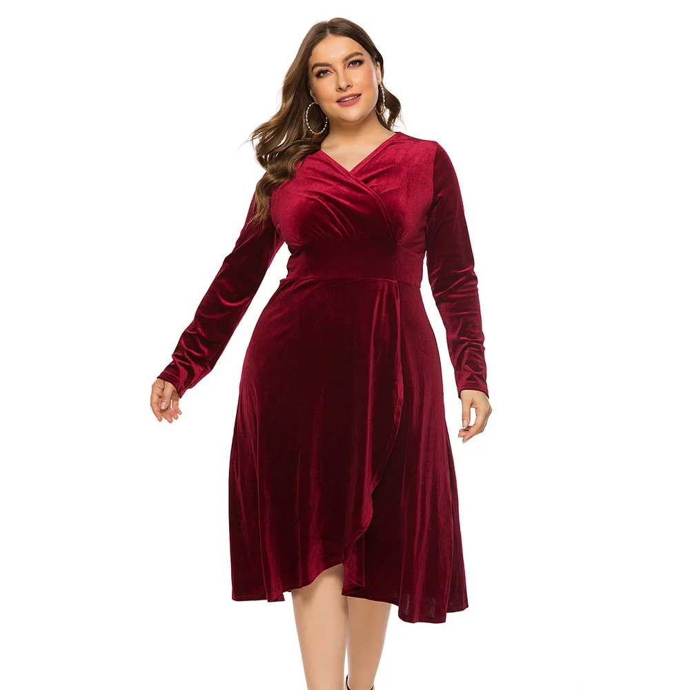 Осеннее женское велюровое платье большого размера с v-образным вырезом и высокой