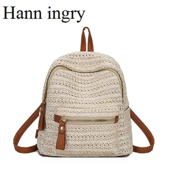

HANN INGRY 2019 New Korean Version of Fashion Straw Double-Shoulder Linen Woven Popular Backpack Teenage Girl Favorite bag H340D