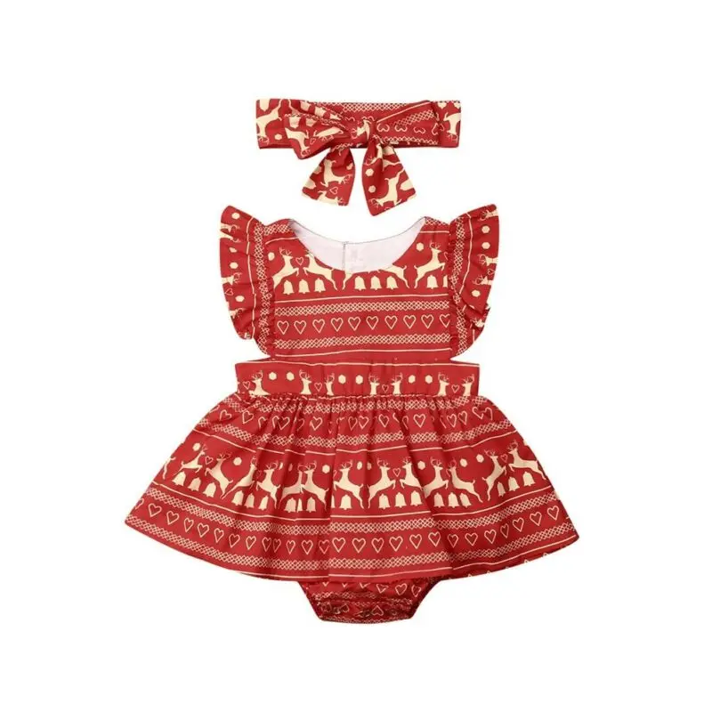 

2Pcs Christmas Toddler Baby Girl Romper Dress Headband Ruffles Sleeve Deer Print Dress Outfit Clothes