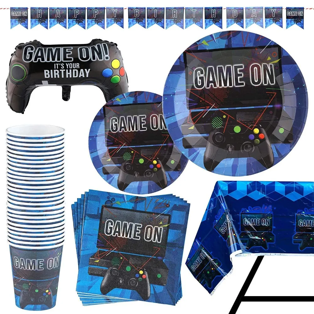 

Boys Birthday Party Decoration Video Game Controller Disposable Tableware Set Game On Theme Paper Plates/Cups/Napkins/Tablecloth