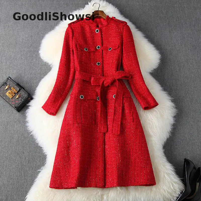 GoodliShowsi, модное зимнее женское Шерстяное Пальто, одноцветное, воротник-стойка, пуговицы, карманы, погоны, шнуровка, Тренч