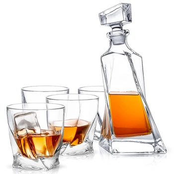 

Hellodream 5-Piece Crystal Whiskey Decanter Set With 4 Pcs Old Fashioned Whiskey Glasses for Liquor Scotch Bourbon
