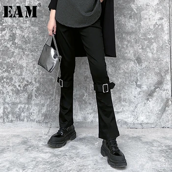 

[EAM] High Waist Black Buckle Split Joing Long Wide Leg Trousers New Loose Fit Pants Women Fashion Tide Spring Autumn 2020 1S885