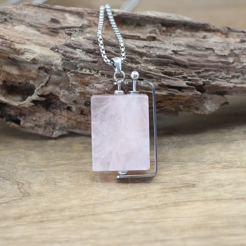 Natural Crystal Rotatable Rectangle Perfume Bottle Pendants Rose/Smoky Quartzs Essential Oil Vial Charms Necklace Jewelry QC1074