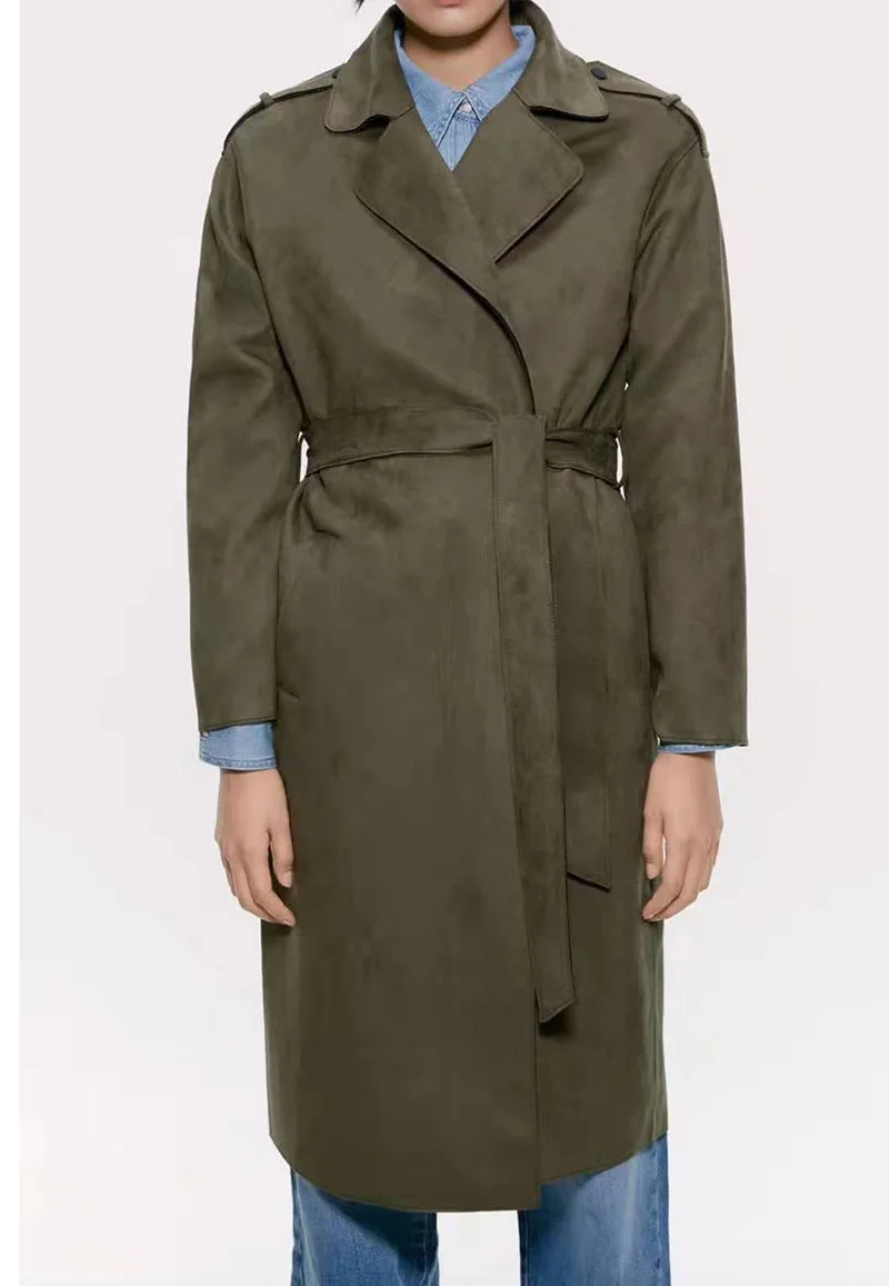Осенне-зимний замшевый Тренч для женщин с поясом, тонкая Длинная ветровка, офисное Женское пальто, Корейская женская верхняя одежда, ropa mujer - Цвет: Army Green