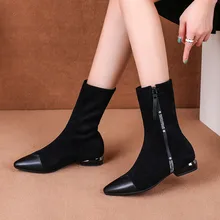 Женские ботинки из флока с острым носком и боковой молнией модные ботинки на низком каблуке и плоской подошве теплые зимние ботинки для пеших прогулок; большие размеры