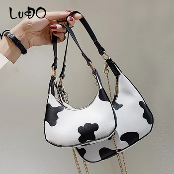

LUCDO Vintage PU Leather Baguette Bag Cute Sweet Cow Pattern Spot Luxury Handbag Small Underarm Bag Ladies Shoulder Messenger Ba