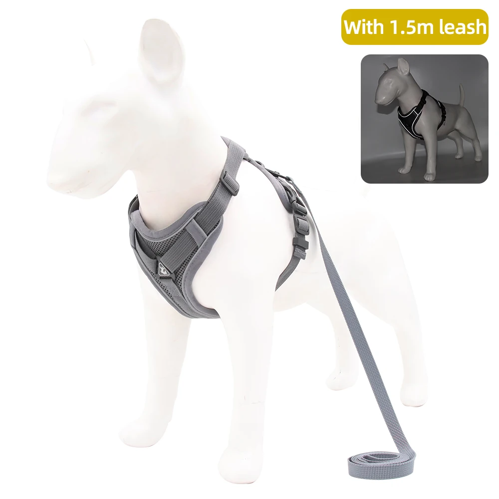 Dog Harness with 1.5m Traction Leash Set No Pull Dog Vest Strap Adjustable Reflective Breathable Harness for Dogs Puppy and Cats 