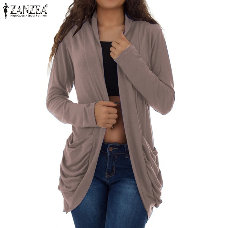 ZANZEA женский свитер кардиганы женские свободные карманы открытый передний вязаный кардиган модный однотонный вязаный свитер верхняя одежда пальто