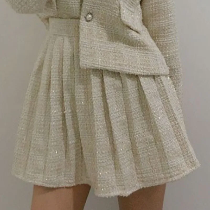 white skirt LANMREM корейская версия темперамента большой отворот Универсальный жакет+ Ретро Высокая талия плиссированная юбка набор 19B-a403 - Цвет: white skirt