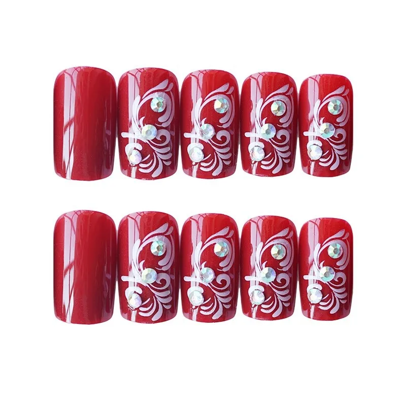 24pcs/Set Flower Pattern Bride Nail Art Tips Red Wedding Middle Long Fake Nails Glue Sticker Artificial Nail Tools False Nails