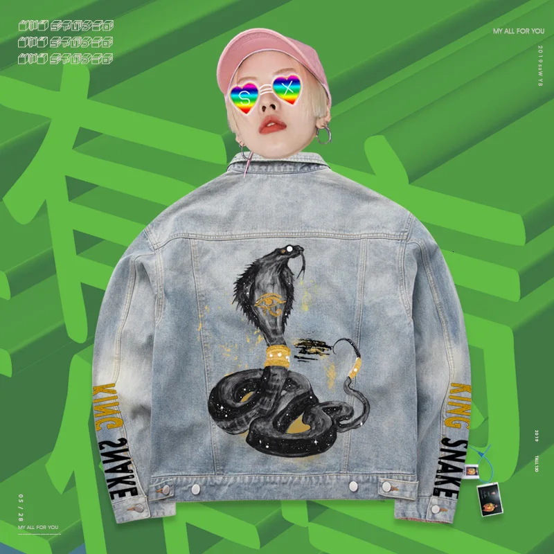 Bomb Coat Single-Breasted Hip hop creative hand drawn snake doodle vintage Fashion Unisex style denim jacketet |