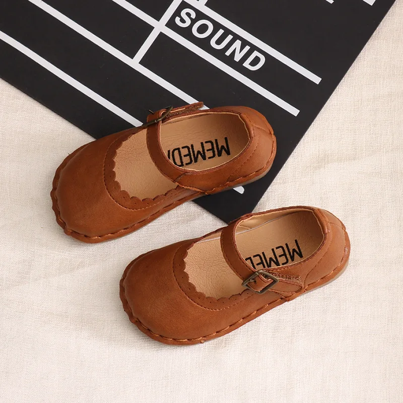 HKXN New Spring Girls Leather Princess Shoes Retro Soft Bottom Children Kids Girls Flat Shoes Mary Jane Shoes