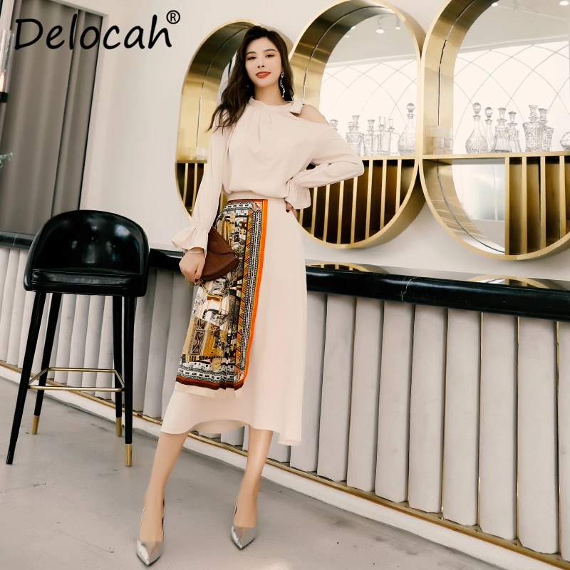 

Delocah 2020 Women Spring Summer Set Runway Fashion Designer Flare Sleeve Strapless Blouses + Printed Pleated Skirt Ladys Suits