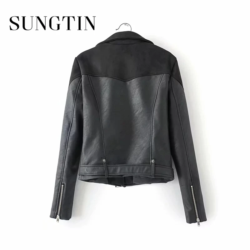 Sungtin женский осенний черный мягкий кожзаменитель куртка женская короткая куртка из искусственной кожи Женская Повседневная мотоциклетная куртка в байкерском стиле