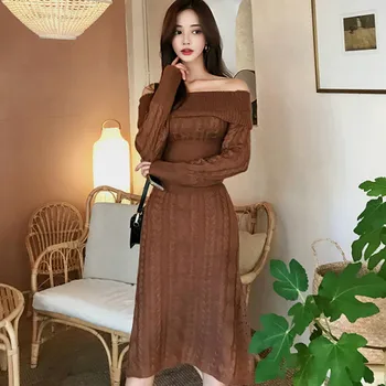 

2020 Autumn Slash Neck Full Sleeve Brown Sweater Slim Mid-Calf Sexy Knitting Dress