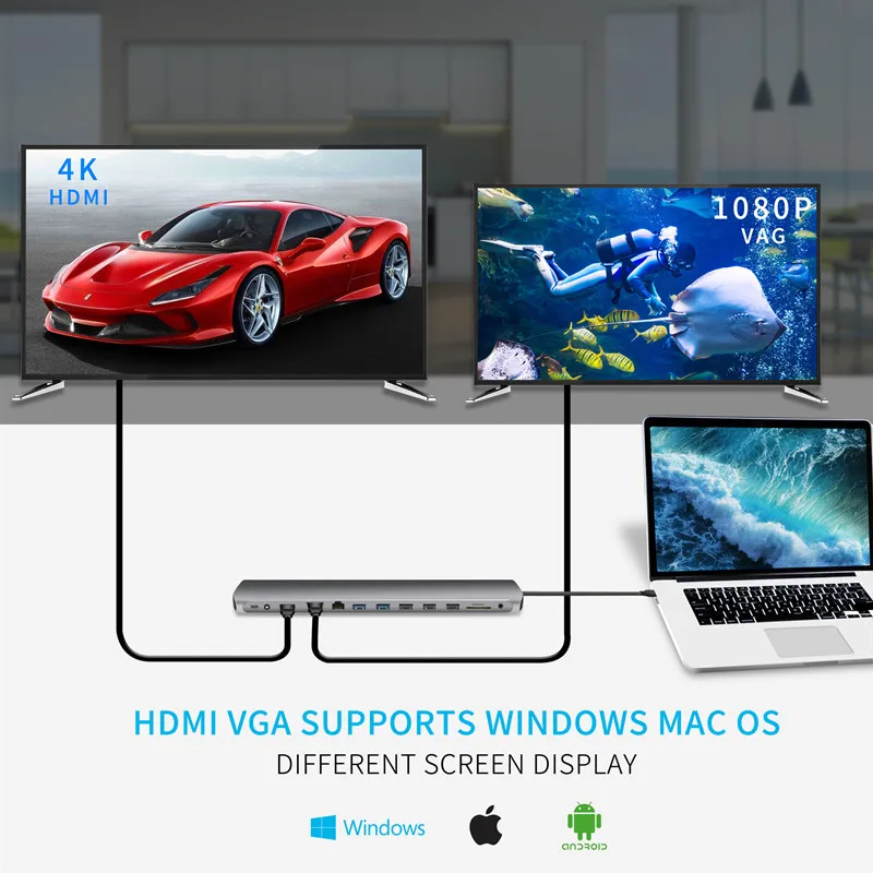 Ajiuyu USB C type C концентратор к USB 3,0 HDMI RJ45 VGA для MacBook Pro Air Аксессуары док сплиттер мульти 13 портов type C концентратор USB-C