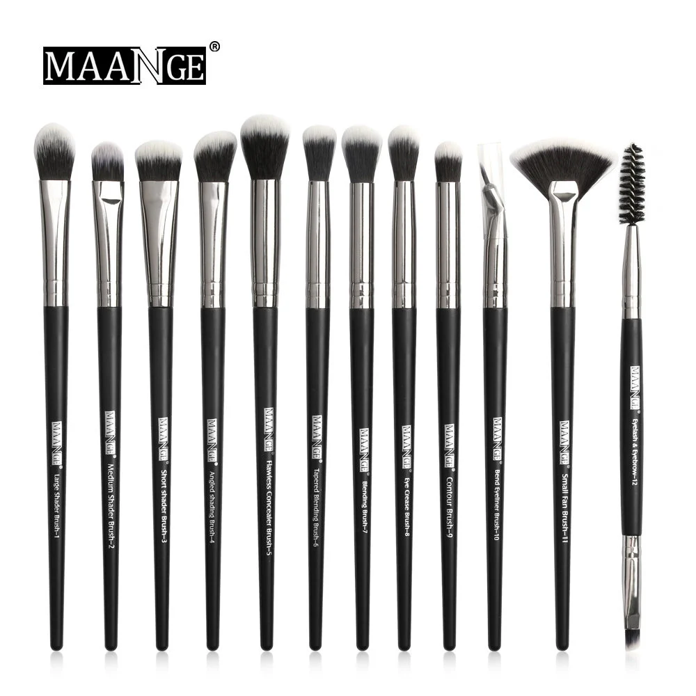 12pcs Black silver MAANGE Pro 3/5/12 шт./партия, набор кистей для макияжа, тени для век, растушевка, подводка для глаз, кисти для бровей, для макияжа, Новинка - Handle Color: 12pcs Black silver