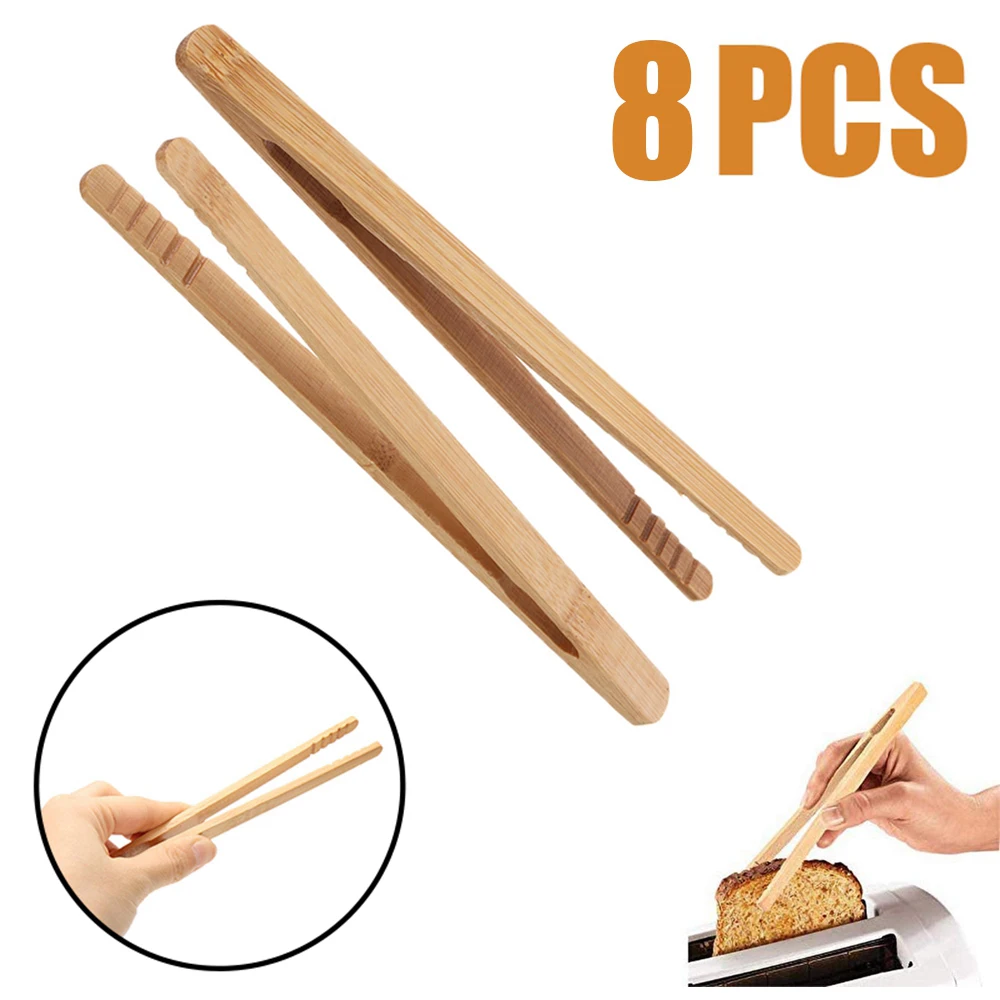 8pcs Wooden Tea Clip Bamboo Kitchen Salad Food Toast Tong Tweezer Bacon Sugar Ice Tea Utensil Teaware Accessories