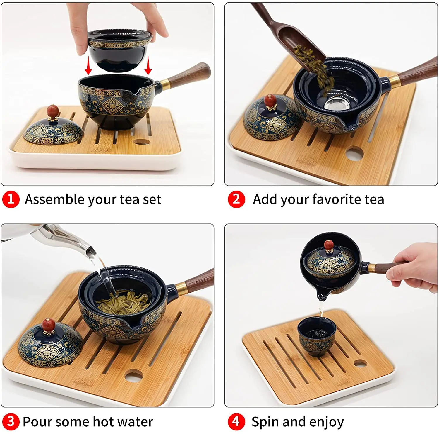 Porcelain Chinese Gongfu Tea Set Portable Teapot Set with 360 Rotation Tea Maker and Infuser Portable All in One Gift Bag