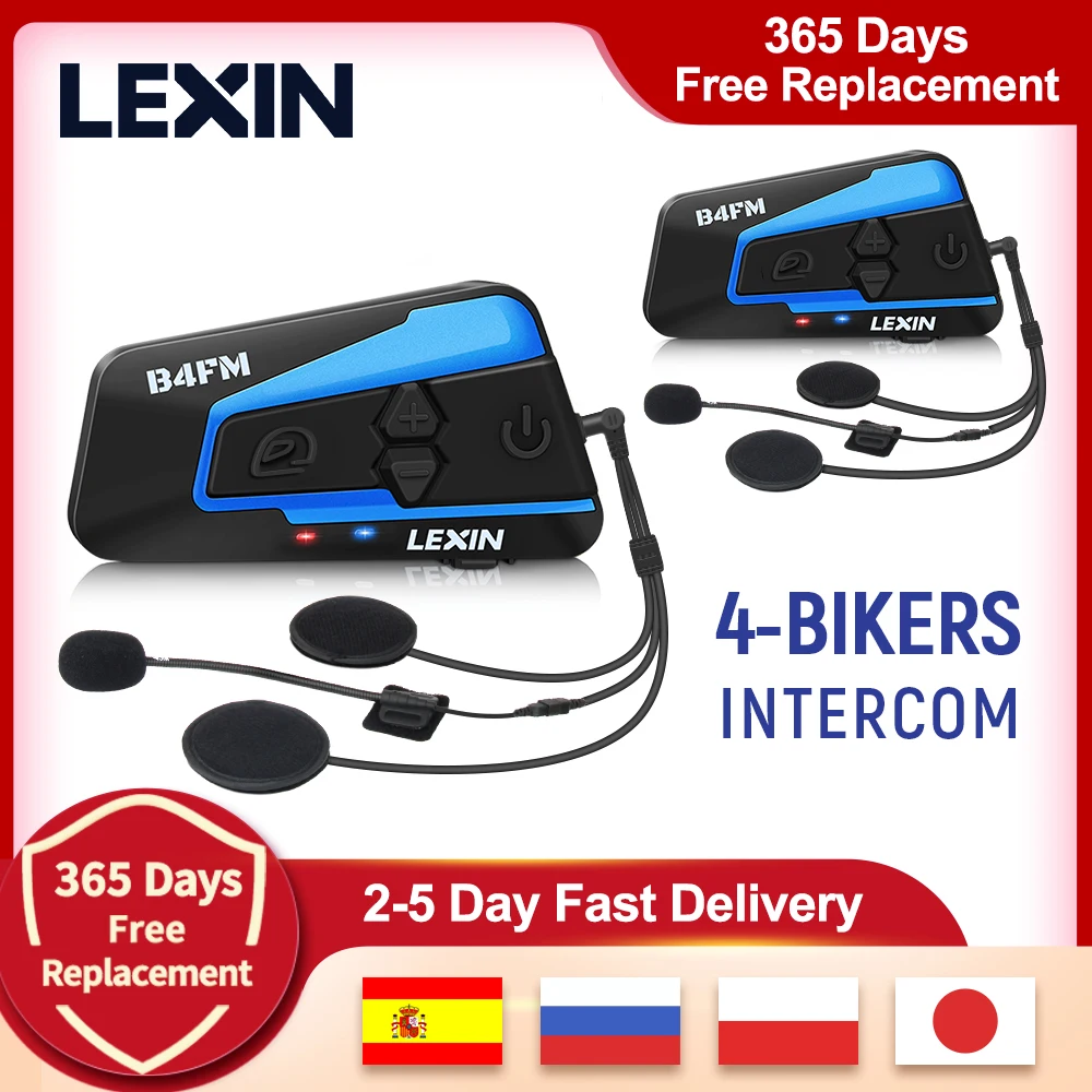 2 pçs lexin b4fm 4 vias bluetooth moto rcycle capacete interfone fones de ouvido, mãos-livres sem fio cascos intercomunicadores moto música