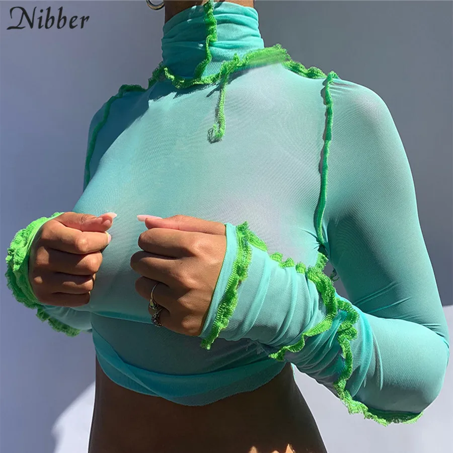 Nibber Chic Sexy See Through Mesh Tops Woman Club Wear fashionable Patchwork Ruffles T Shirt Autumn Turtleneck Neon Crop Top Tee