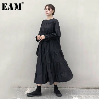 

[EAM] Women Black Pleated Split Temperament Cake Dress New Round Neck Long Sleeve Loose Fit Fashion Spring Autumn 2020 1N534