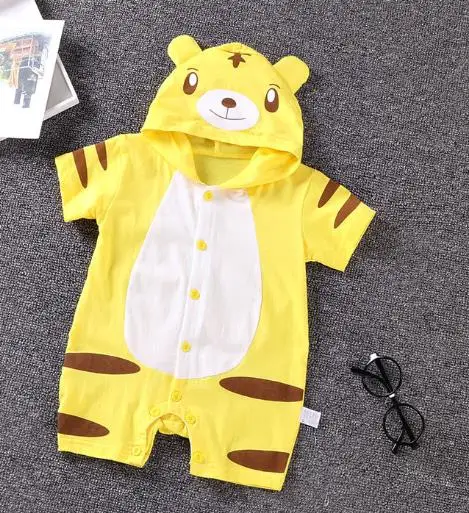 Tiger Yellow Для маленьких девочек с капюшоном Рубашка с короткими рукавами летние ползунки, комбинезоны для малышей, комбинезон, Животные собачка Банни с принтом в виде коровы, жабы тигра Одежда для девочек - Цвет: Tiger Yellow