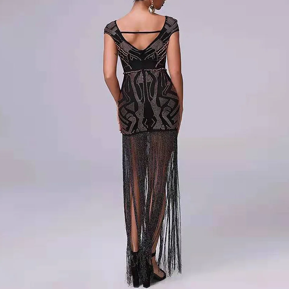 Ailigou Outono Novas Mulheres Borla Frisado Bodycon Vestido сексуальное Бандажное платье с лямкой на шее Manga Curta vestido de festa