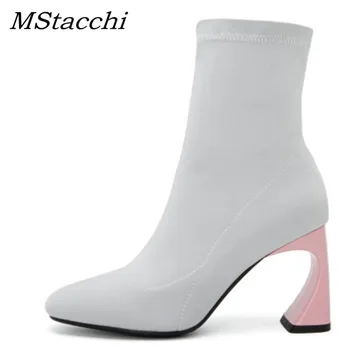

MStacchi Fashion Women Slim Stretch Ankle Boots Wonan Pointed Toe Slip-On Sock Botines Mujer 2019 Hoof High Heels Shoes Feminina