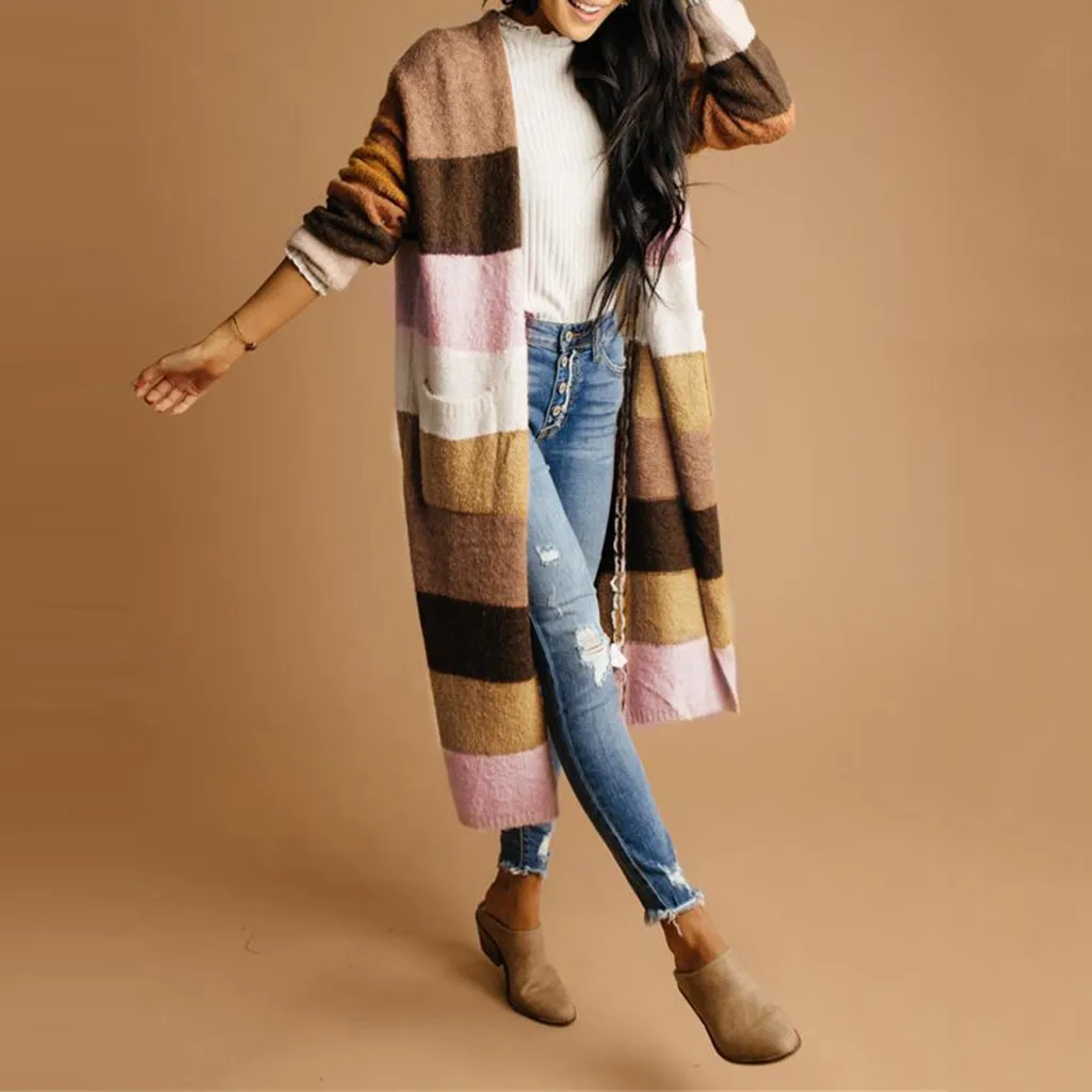 

Autumn Womens Long Sleeve Stripe Patchwork Sweater Knitted Pocket Long Cardigan Sueter Mujer Sweater Women Pull Femme Jumper