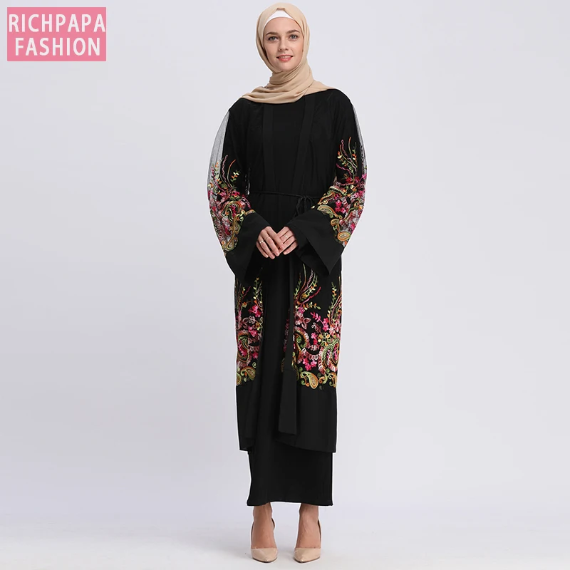 Abaya Дубай ислам кафтан с цветочной вышивкой сетчатый кардиган мусульманский