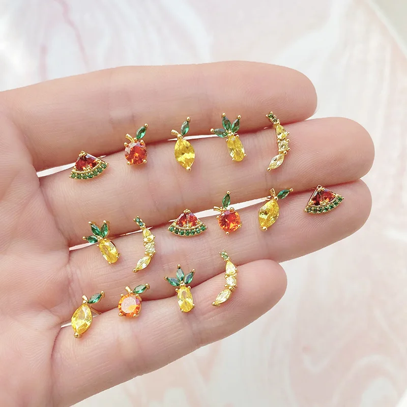 1Pair Summer Cute Fruits Crystal Cartilage Stud Earrings For Women